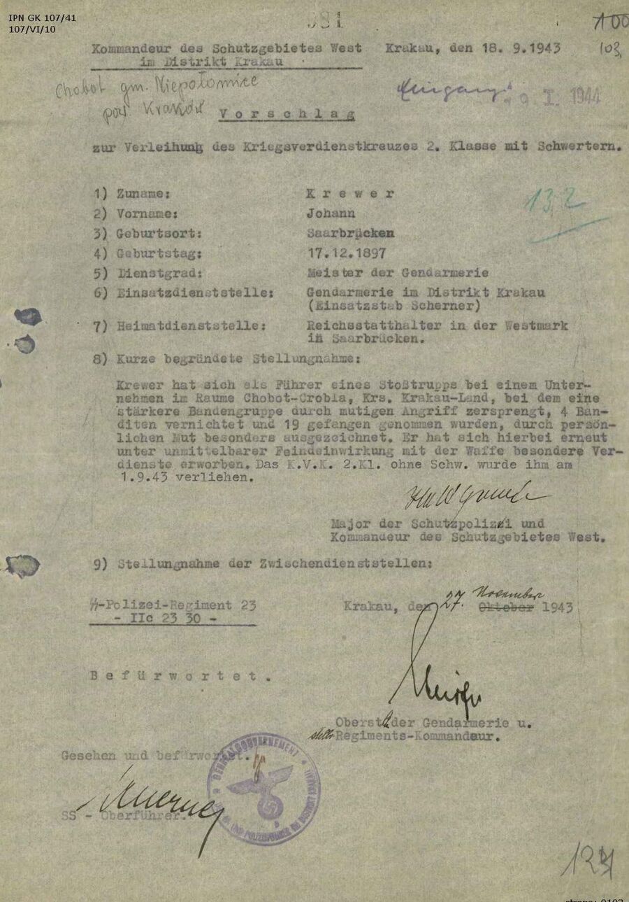 Wniosek odznaczeniowy żandarma Johanna Krewera m.in. za czynne uczestnictwo w pacyfikacji Ispiny. Fot. ze zbiorów IPN