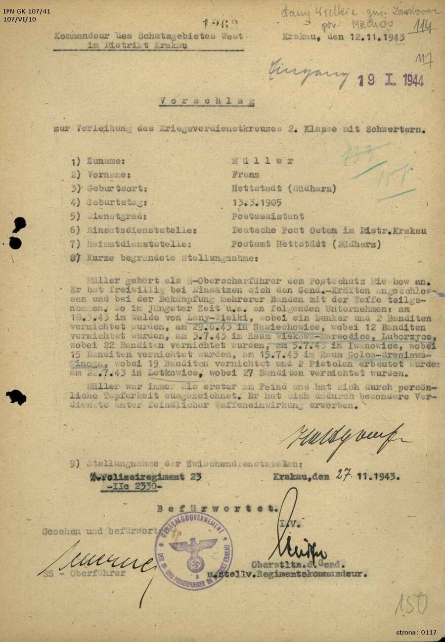 Wniosek odznaczeniowy dla strażnika pocztowego Müllera m.in. za akcję w Luborzycy