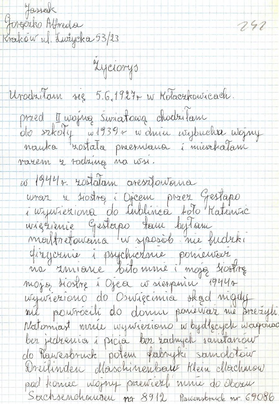 Życiorys spisany przez Alfredę Gorączko. Fot. IPN