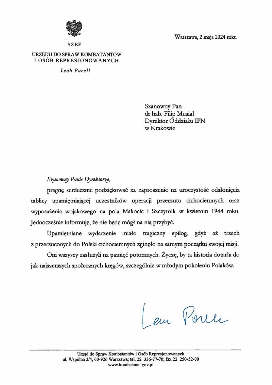 Okolicznościowy list od Lecha Parella, szefa Urzędu ds. Kombatantów i Osób Represjonowanych